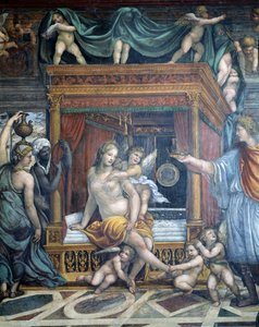 Sala delle Nozze di Alessandro e Rossana Hall av ekteskapet til Alexander den store 356-323 f.Kr. og Roxanne-detaljene til Roxanne i hennes soverom blir presentert med en krone av Alexander, ca. 1513 fr.