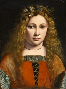 Portrett av en ung jente kronet med blomster, ca. 1490