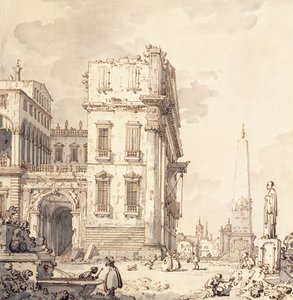 En capriccio av et venetiansk palass med utsikt over en Piazza med en obelisk, av Giovanni Antonio Canal