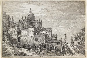 Landskap med kirke, hus og mølle av Giovanni Antonio Canal