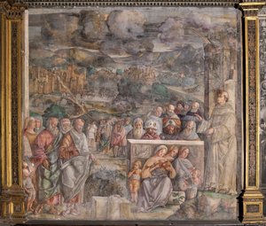St. Anthony ankommer Padua, hvor han gjenoppretter freden mellom innbyggerne med styrken og søtheten fra sin forkynnelse, School of the Saint av Giovanni Antonio Corona