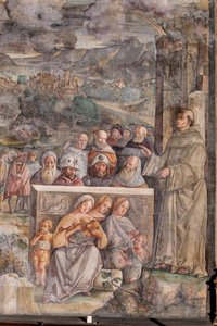 St. Anthony ankommer Padua, hvor han gjenoppretter freden mellom innbyggerne med styrken og søtheten til sin forkynnelse, School of the Saint, detalj av 2196876 av Giovanni Antonio Corona