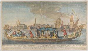 Den svært utsmykkede første gondolen til ambassadør Giovanni Battista Colloreado på vei inn i..., 1720-30. av Giovanni Antonio Faldoni