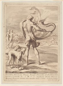 Naken mann blåser en konkylie av Giovanni Antonio Faldoni after Parmigianino