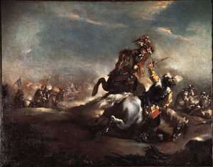 Duel of Knights (Knights fighting) Maleri av Giovanni Antonio Guardi (1699-1760) Venezia Museo Correr