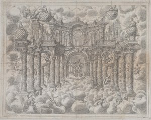 Plate 2 [motsikker]: Scenesett med allegoriske figurer sittende blant skyene, med en..., 1690. av Giovanni Antonio Lorenzini