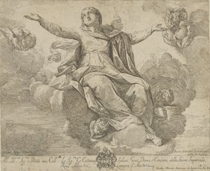 The Assumption of the Virgin, som sitter i skyene med armene utstrakt, ang..., 1685-1720. av Giovanni Antonio Lorenzini