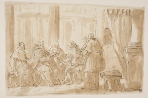 En gruppe på fem prester som snakker med en lekmann av Giovanni Antonio Pellegrini