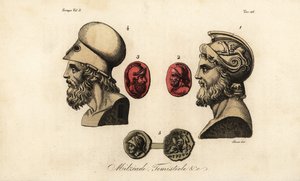 Byster og edelstener av athenske politikere Miltiades den yngre 1,2, Themistokles 3,4 og kong Pyrrhus I 5