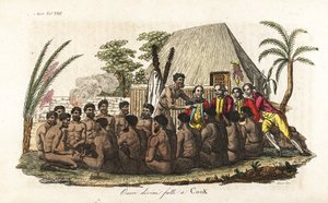Hawaiianske innfødte tilbyr en offergris til kaptein James Cook foran 12 prester og et treidol i det hellige Orono-huset. Håndfarget kobberplate gravert av Sasso etter John Webber fra Giulio Ferrario