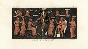 Herakles på sitt 11. arbeid, tok gullepler fra Hesperides hage voktet av slangen Ladon
