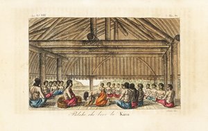 Kong Polaho drikker kava i et langhus, Tonga (vennlige øyer). Håndfarget kobberplate gravert av Sasso etter John Webber fra Giulio Ferrario