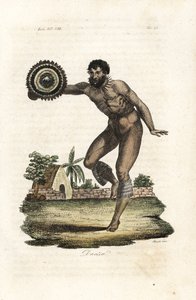 Naken tatovert mann fra Hawaii (Sandwichøyene) danser for kaptein James Cook