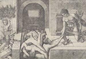 Uvitenhet og Mercury en allegori om dyd og last, Mercury kneler til høyre..., ca. 1490-1525.