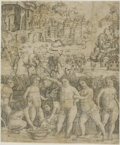 Syv amoriner med to værer i et landskap av Giovanni Antonio da Brescia
