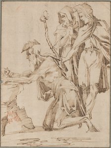 Knelende eremitt og to draperte figurer som vurderer en hodeskalle av Giovanni Bandini