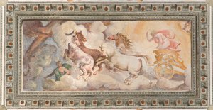The Chariot of the Sun drevet av Apollo, Apollo Loggia, ca. 1560 (fresco) av Giovanni Battista and Cambiaso Luca Castello