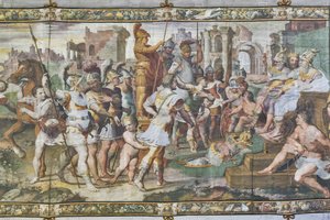 Ulysses og Ajax konkurrerer om rustningen til Achilles foran domstolene, Ulysses Hall, detalj av 2384556 (fresco)