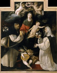 Madonna des Rosenkranzes (Die Madonna del Rosario). Ein Rosenkranz wird auf den Kopf der Jungfrau gelegt, während zwei Heilige ihr weiße Lilien, Rosenkränze und Herzen überreichen, die den Glauben symbolisieren. Gemälde von Giovan (Giovanni) Battista Cresp von Giovanni Battista (1567-1633) Crespi