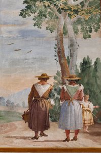 Gästeunterkünfte, Raum der ländlichen Szenen: "Landschaft mit Bauern" (Detail) von Giovanni-Battista Tiepolo