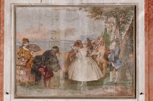 Guest Lodgings, the Room of the Carnival Scenes: "Pantalone and Columbina", en scene med masker av Giovanni Battista Tiepolo