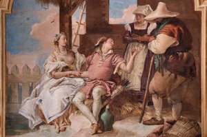 Palazzina (liten bygning): andre rom eller rom til Ariosto med fresker som representerer episoder fra "Orlando Furioso": "Angelica og Medoro i hyrdenes hus" av Giovanni Battista Tiepolo