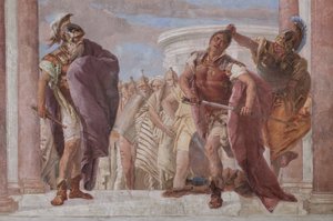 Palazzina (liten bygning): utsikt over det første rommet og dets fresker som representerer episoder fra Iliaden: "Athena forhindrer Akilles i å trekke sverdet sitt mot Agamemnon", detalj av Giovanni Battista Tiepolo