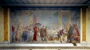 Kongen av Frankrike Henry III (1551-1589) mottatt i Venezia av Federico Contarini i 1574 ved inngangen til villaen Mira. Maleri av Giovanni Tiepolo (1696-1770) av Giovanni Battista Tiepolo