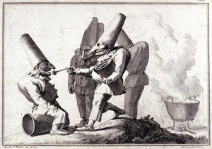 Gruppen av Pulcinella (italiensk Polichinelle). Tegning i penn og vask på blyantmerke av Giovanni Battista (Giambattista) Tiepolo (1696-1770). av Giovanni Battista Tiepolo