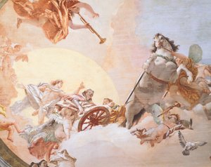 Bryllupsallegori av Giambattista Tiepolo (1696-1770), freskomaleri, detalj, tak i bryllupsallegorirommet, Ca 'Rezzonico (Rezzonico-palasset), Venezia