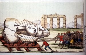 Transport av bysten av Memnon på bredden av Nilen av Belzoni. Giovanni Battista (Gianbattista) Belzoni (1778-1823), italiensk oppdagelsesreisende og arkeolog, har gjort viktige arkeologiske funn i Egypt. Gravering - i "" Viaggio i Egitto e av Giovanni Battista (after) Belzoni