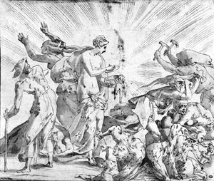 Myten om Pandoras eske, tegning av Rosso av Giovanni Battista (after) Rosso