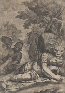 En løve på toppen av en fallen rytter til høyre, med to andre soldater til venstre, 1640-70.