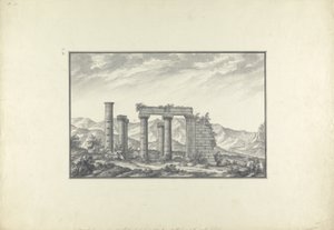 Utsikt over ruinene av et jonisk tempel på Sardis, sannsynligvis Neptun-tempelet, ca. 1750 (grå vask, penn og blekk og blyant på papir)