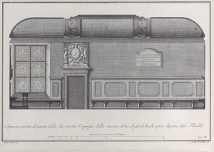 Plate 4: tverrsnitt av Hall of Institute of Bologna, med inngangen til r..., 1756.
