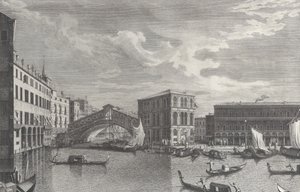 Rialtobroen, Venezia, med båter og gondoler i vannet, 1763.