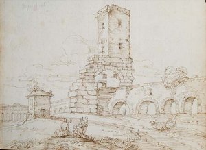 Figurer foran en akvedukt (brunt blekk over svart kritt på papir) av Giovanni Battista Busiri