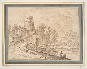 Landskap med slott nær vann av Giovanni Battista Busiri