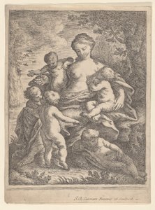 Veldedighet, sittende i et landskap omgitt av fem nakne barn, 1692-1727. av Giovanni Battista Catenaro