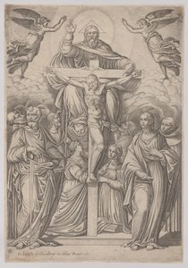 Treenigheten, med korsfestelsen i sentrum og helgener til begge sider, 1586. av Giovanni Battista Cavalieri