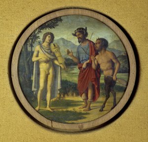 Tastaturinstrumentdeksel med illustrasjon som viser Apollo (med lyre) og Marsyas av Giovanni Battista Cima da Conegliano