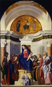 Jomfru og barn med de hellige døperen Johannes, Cosmas og Damian, Catherine og Paul, ca 1506-1507 av Giovanni Battista Cima da Conegliano
