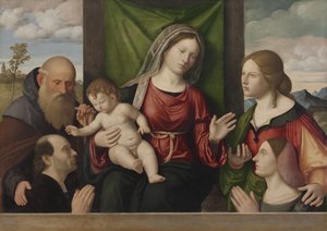 Jomfru og barn med hellige og givere, ca. 1515 (olje på tre) av Giovanni Battista Cima da Conegliano