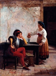 Ung tjener i et vertshus og en soldat Maleri av Giovanni Battista Crosa (aktiv mellom 1859 og 1882) 1865 Dim 98x64 cm Genes, Galleria d