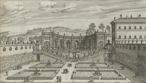 En annen perspektivvisning av Teatro et Giardino Contigvo i Mondragone i Fras ..., 1691 eller senere. av Giovanni Battista Falda