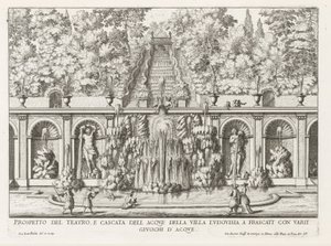 Cascade en Teatro delle Acque in the gardenen fra Villa Torlonia te Frascati Prospekt for teater- og vannkaskaden til Villa Ludovisia (...) (tittel på objekt) Fontenene til Frascati-villaene (serietittel) Fonteinen van Frascati (serietittel) av Giovanni Battista Falda