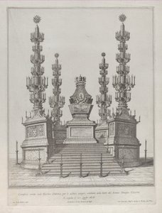 Katafalke for pave Clement X: en sentral struktur hevet på en 15-trinns plattform, med c..., 1676. av Giovanni Battista Falda