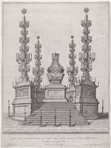 Catafalque for Pope Clement X, central structure at the top of a fifteen step platform, wi..., 1676.    1174337   no       norwegian Successfully Translated  Original: Frugtkransen Translat: Frugtkransen 1268663 no norwegian Successfully Translated Origina