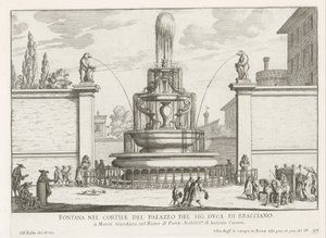 Fontein in the binnenplaats av Palazzo Taverna te Roma Fontene på gårdsplassen til Mr. hertug av Bracciano (tittel på objekt) Fontenene i Roma (serietittel) Fonteinen van Rome (serietittel) av Giovanni Battista Falda