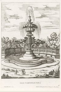 Fontene i hagen til Villa Doria Pamphilj i Roma Lilii Pamphylii fons (tittel på objekt) Le fontane ne palazzi e ne giardini di Roma (serietittel) Fontener i palassene og hagene i Roma (serietittel) av Giovanni Battista Falda